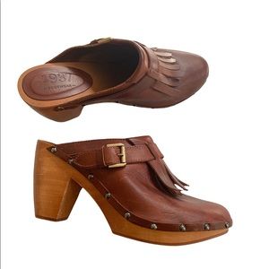 Madewell 1937 Classic Clogs, Wood Heel Fringe Mules Leather, Size 10